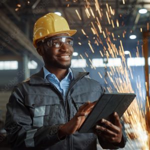 Technician holding a tablet while sparks behind him in an industrial building